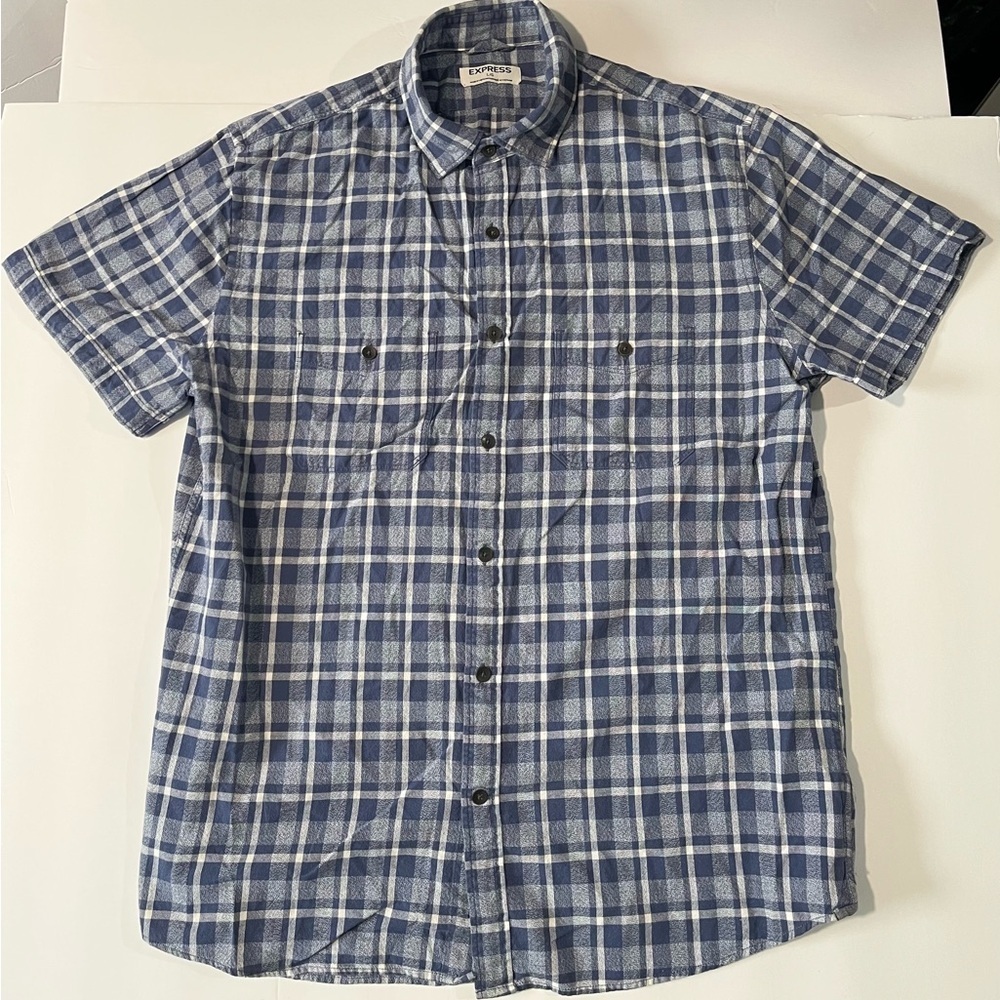 Express Men’s Blue and White Plaid Short-Sleeve Button-Down Shirt